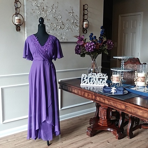 Make You Pretty More Pants - NWT Formal Purple Chiffon Embellished Jumpsuit Gown. Size 14